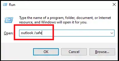 Press Windows + R, type Outlook.exe /safe, and press the Enter key